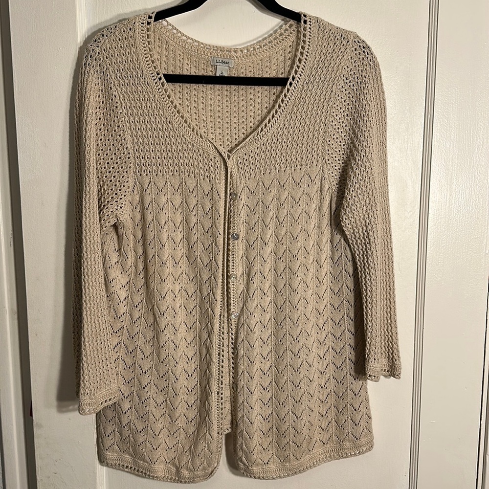 LL bean Womens  cable knit cotton cardigan sweater large beige- lightweight